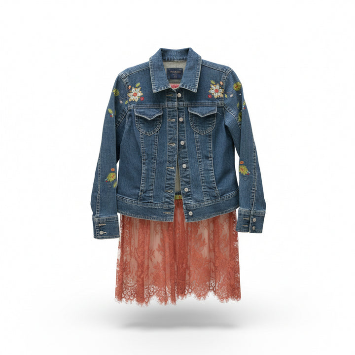 Custom Embroidered Denim Jacket with Lace Coattail