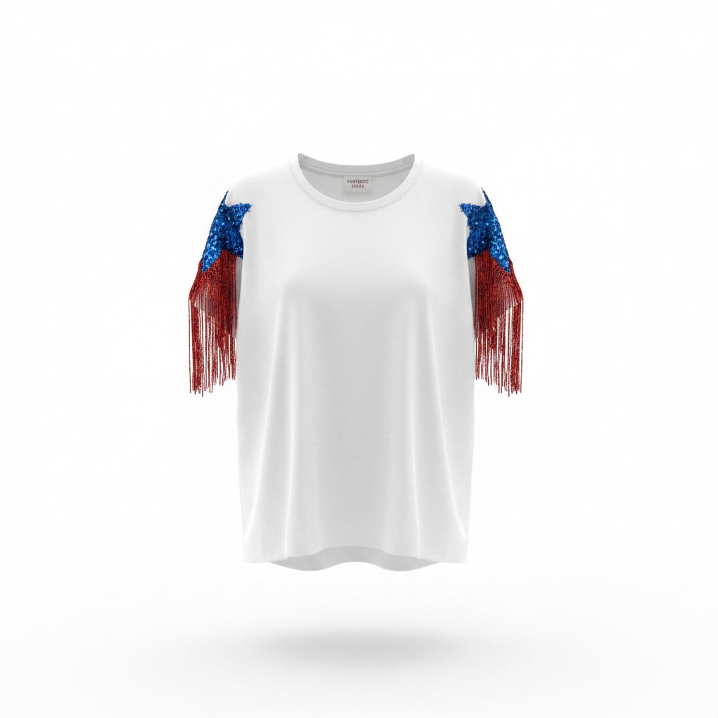 Fantastic Fawn Sequin Fringe Patriotic Shirt