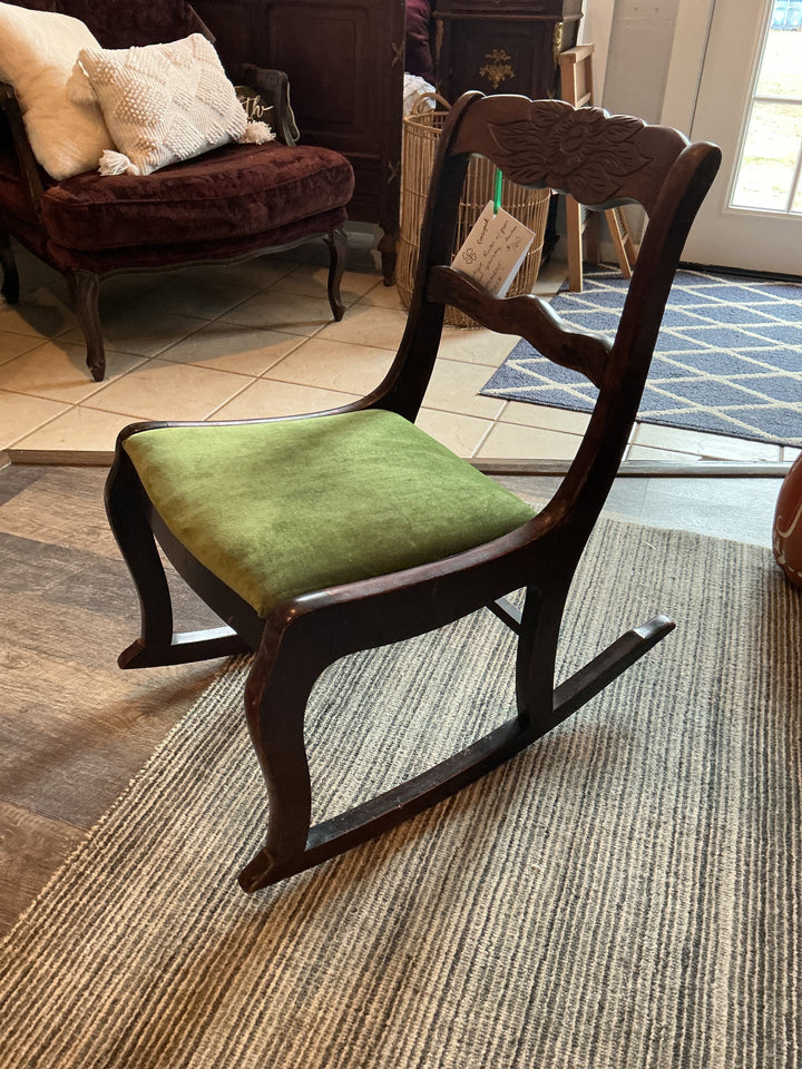 Wood Rocking Chair with Green Velvet Upholstery