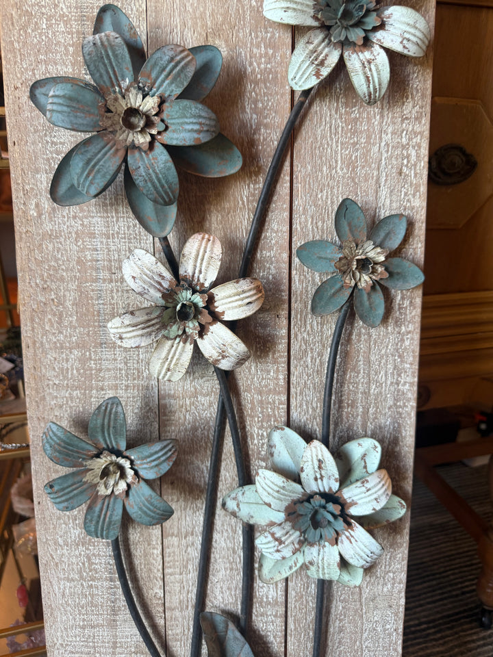 Rustic Metal Floral Wall Art on Distressed Wood Panel Farmhouse Décor