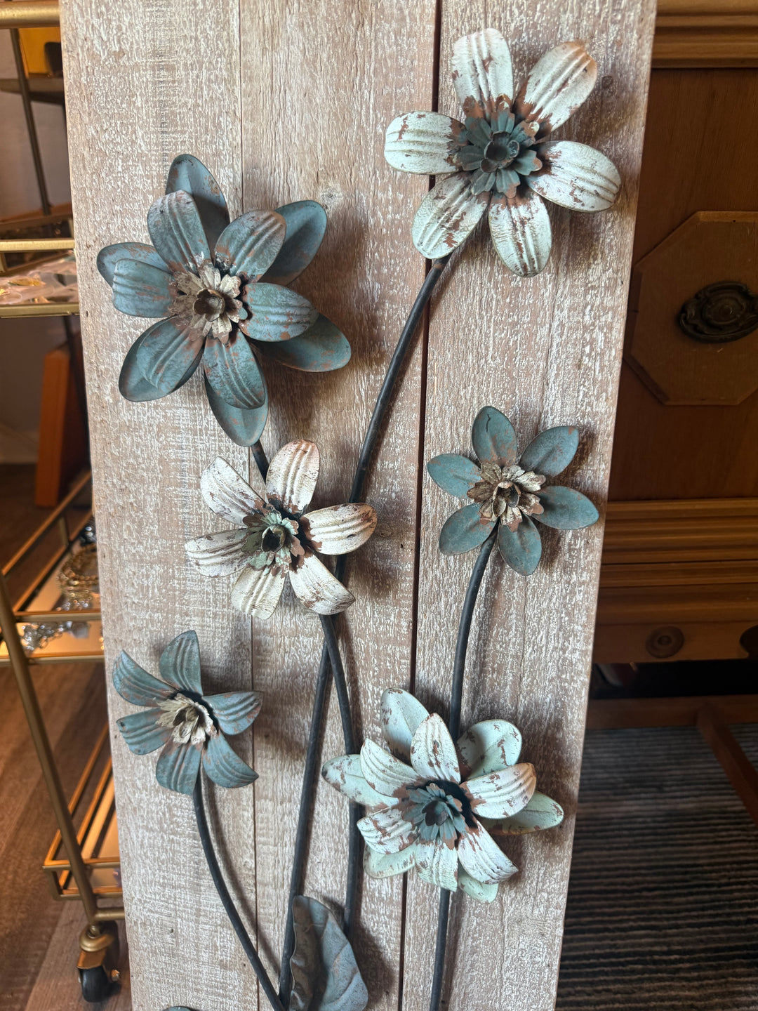 Rustic Metal Floral Wall Art on Distressed Wood Panel Farmhouse Décor