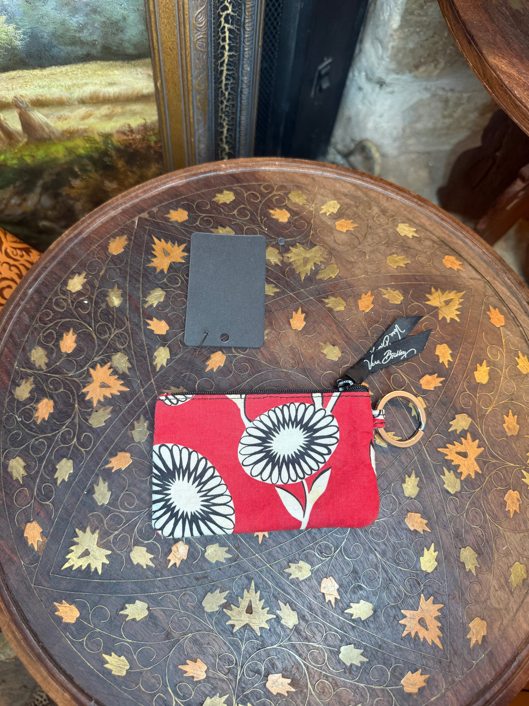 Vera Bradley Zip ID Case Keychain Wallet Floral Red Coin Pouch Card Holder