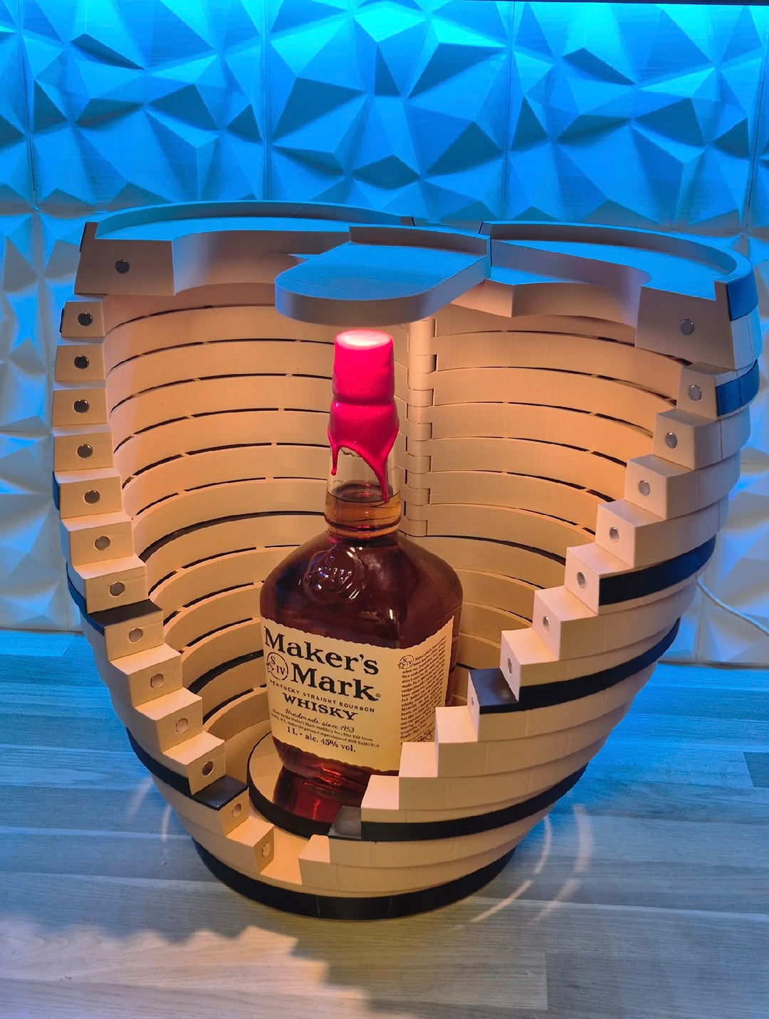 Whiskey Barrel Display Case - 3D Printed LED Lighted Bar Decor w/ Rotating Stand
