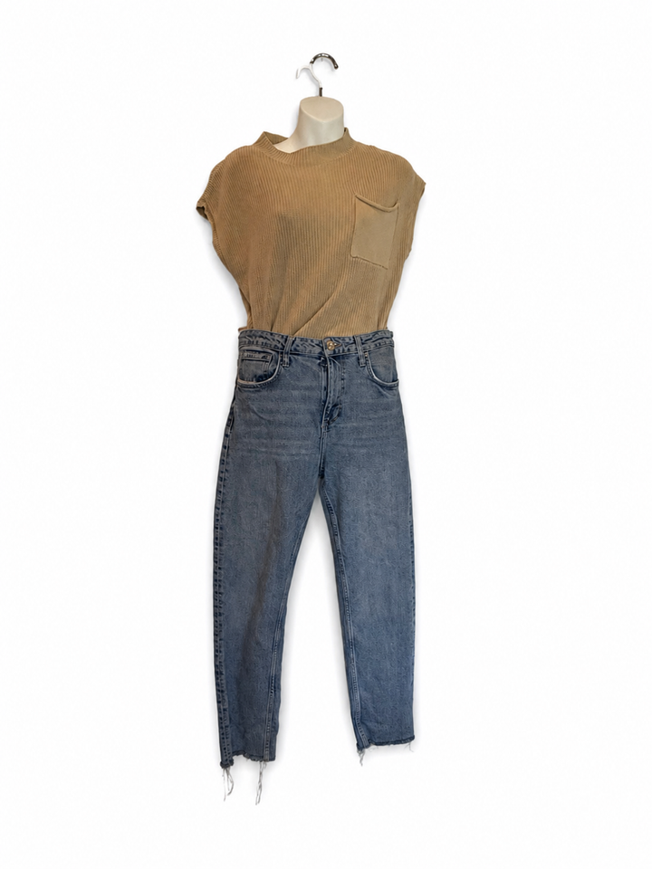 Zara High Rise Straight Leg Jeans Light Wash Raw Hem