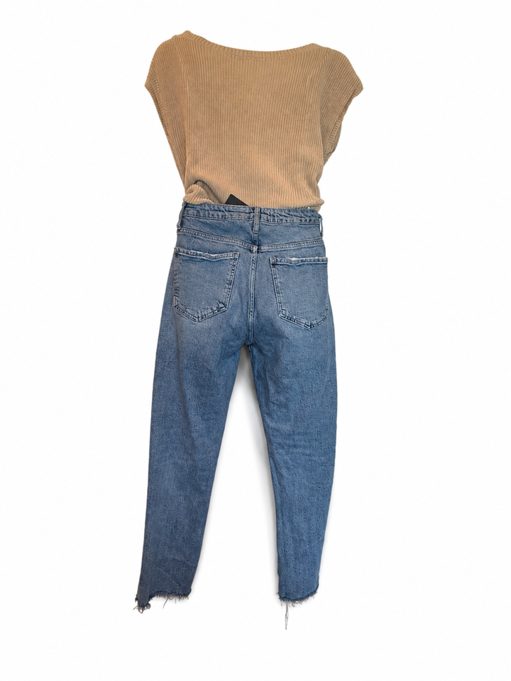 Zara High Rise Straight Leg Jeans Light Wash Raw Hem