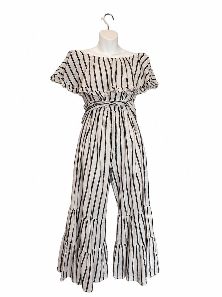 Umgee Black & White Striped Ruffle Hem Jumpsuit