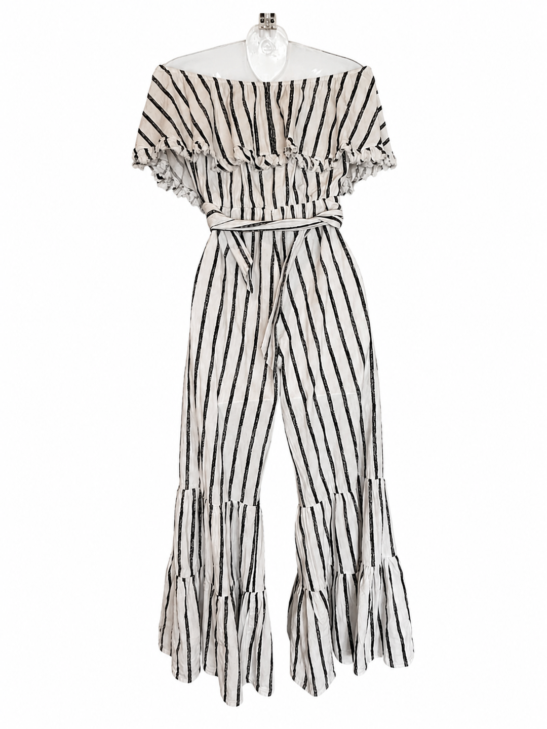 Umgee Black & White Striped Ruffle Hem Jumpsuit