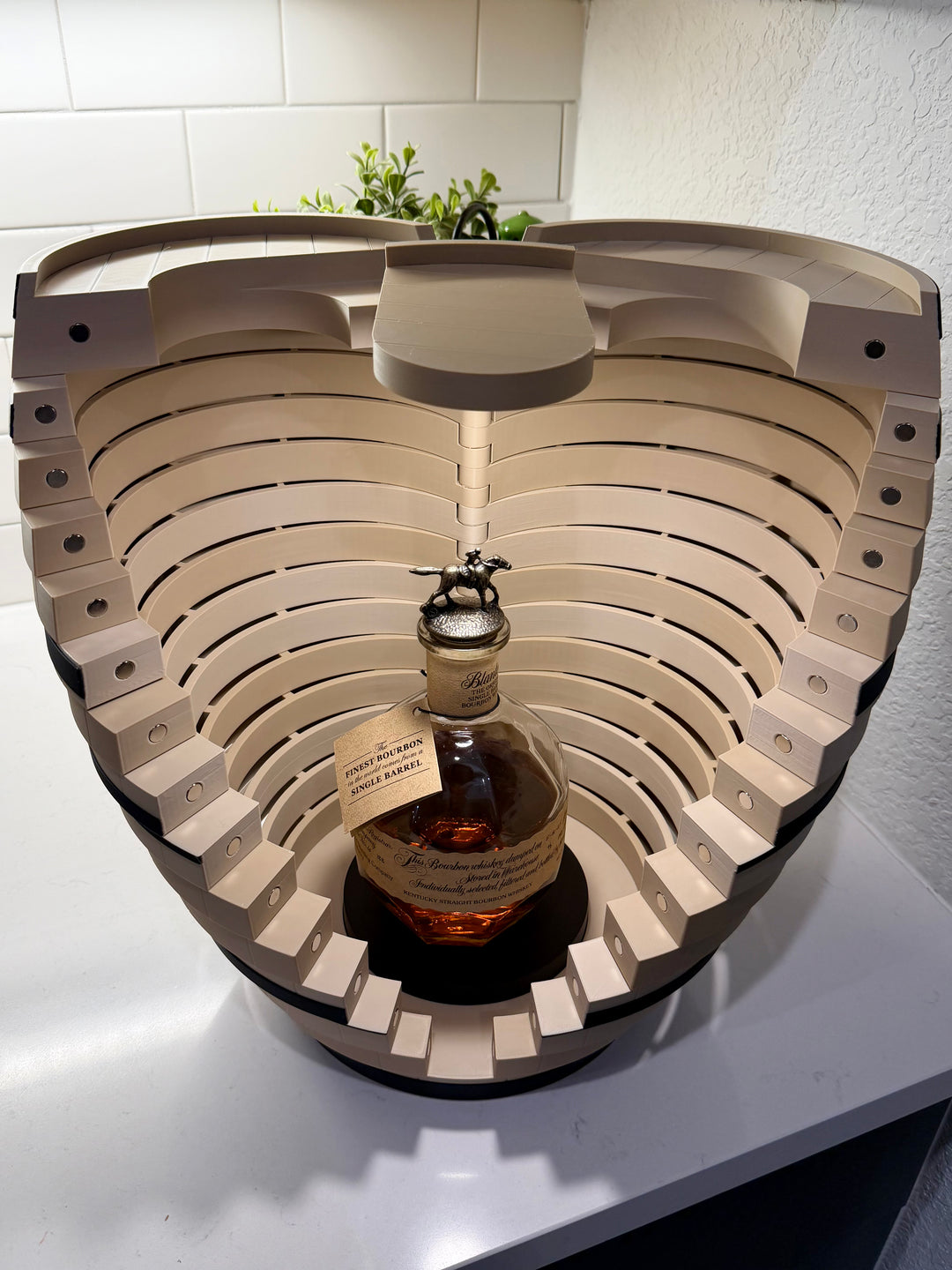 Whiskey Barrel Display Case - 3D Printed LED Lighted Bar Decor w/ Rotating Stand