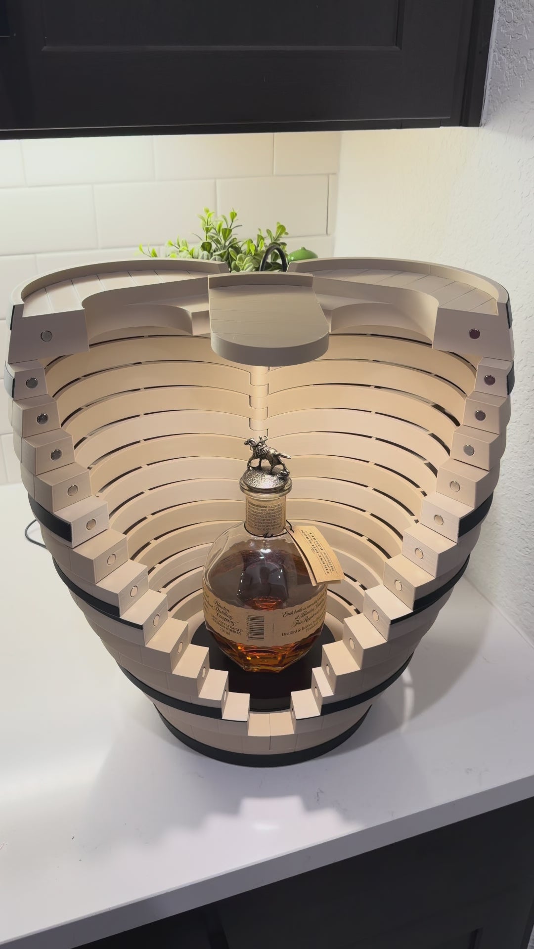 Whiskey Barrel Display Case - 3D Printed LED Lighted Bar Decor w/ Rotating Stand